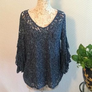 Fever blue 3/4 ruffled sleeve lace top w/camisole